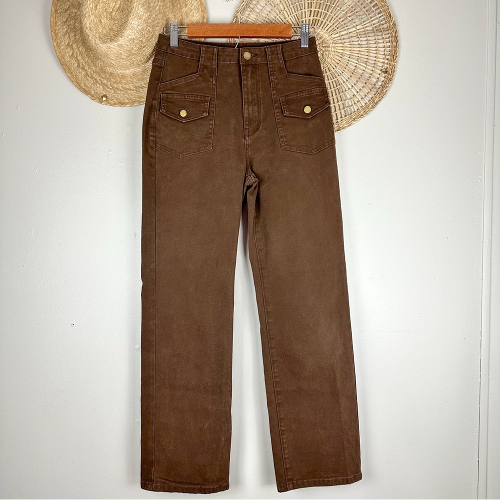 Cider Last Autumn Chocolate Brown High Waist Classic Straight Leg Trousers - Picture 3 of 13